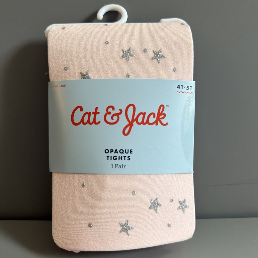 Cat & Jacks  Toddler Girls' Opaque Tights Pink with Silver Stars Size 4T-5T